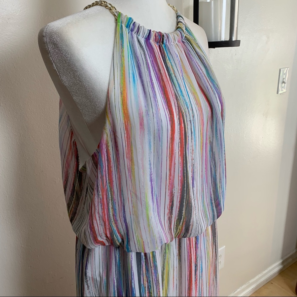 Thalia Sodi Rainbow Maxi Halter Dress with Gold Chain Accent at Neckline Size XL